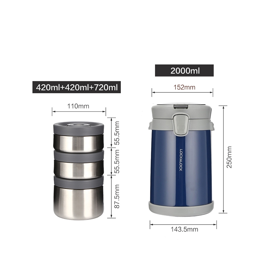 Bộ hộp cơm giữ nhiệt Lock&Lock Easy Carry 2L LHC8039 có túi (1 hộp 720ml, 2 hộp 420ml kèm 1 bộ muỗng nĩa) - JoyMall