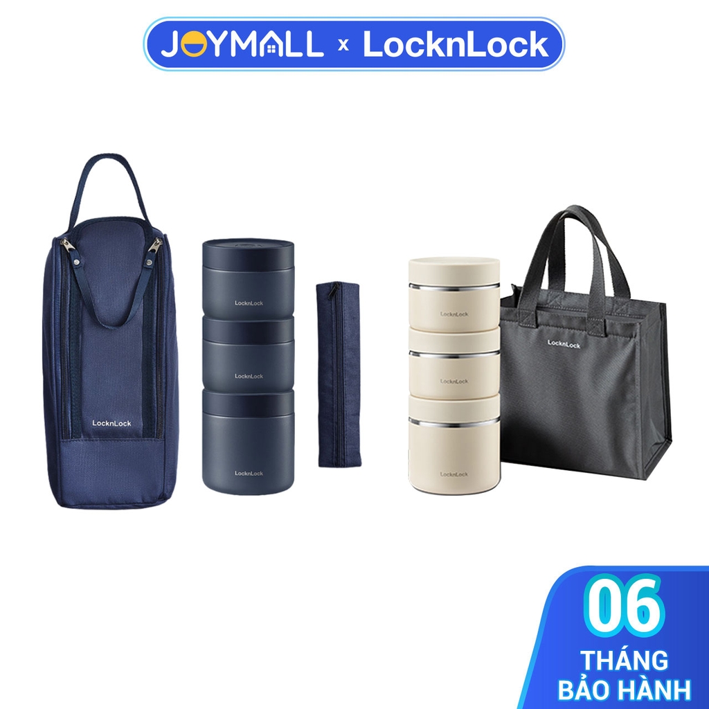 Bộ hộp cơm giữ nhiệt LocknLock Lunch Box LHC8052S02, Hàng chính hãng, 3 hộp giữ nhiệt, kèm túi và bộ muỗng đũa - JoyMall
