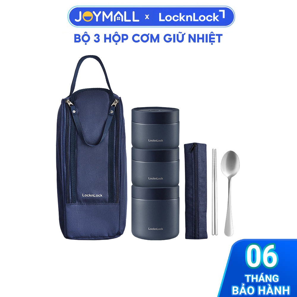 Bộ hộp cơm giữ nhiệt LocknLock Lunch Box LHC8052S01 - Hàng chính hãng, 3 hộp giữ nhiệt, kèm túi và muỗng đũa - JoyMall