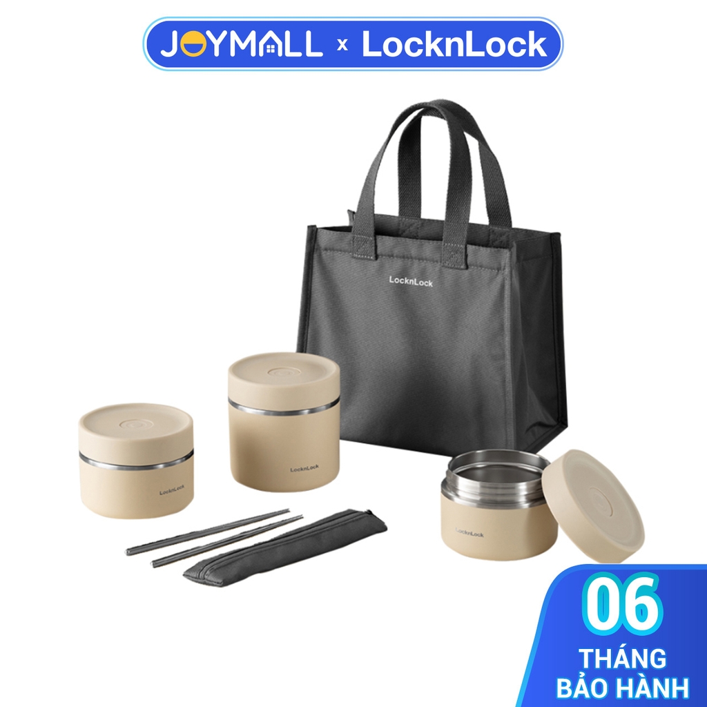 Bộ hộp cơm giữ nhiệt LocknLock Lunch Box LHC8052S02, Hàng chính hãng, 3 hộp giữ nhiệt, kèm túi và bộ muỗng đũa - JoyMall
