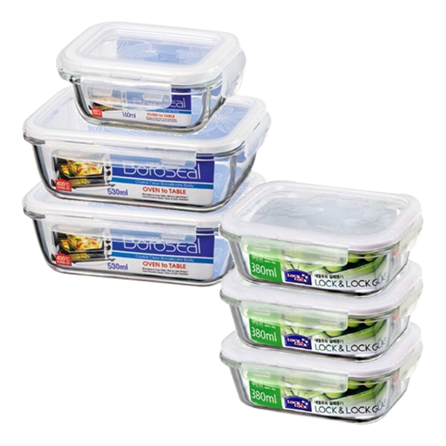 Bộ 6 hộp thủy tinh chịu nhiệt Lock&Lock LLG426S6 - Hàng chính hãng, dùng được trong lò vi sóng, máy rửa chén - JoyMall
