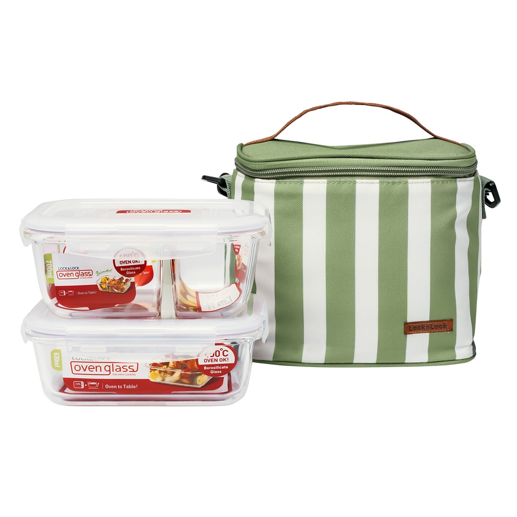 Bộ túi hộp cơm LocknLock thủy tinh LLG428S2 - Hàng chính hãng, dùng được lò vi sóng, máy rửa chén, tủ lạnh - JoyMall