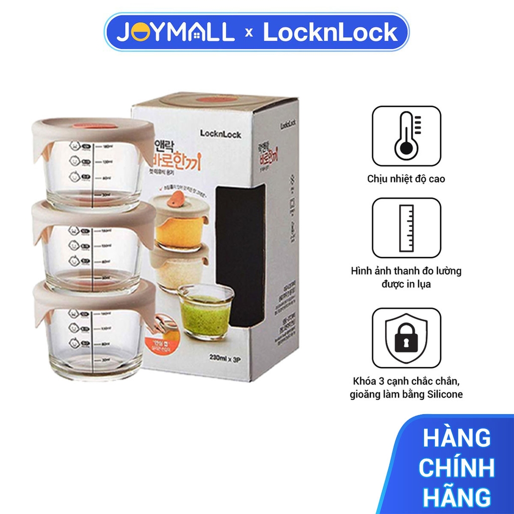Bộ 3 hộp thủy tinh đựng thức ăn cho bé Lock&Lock có vạch chia 230ml x 3 hộp LLG508S3 - Hàng Chính Hãng - JoyMall
