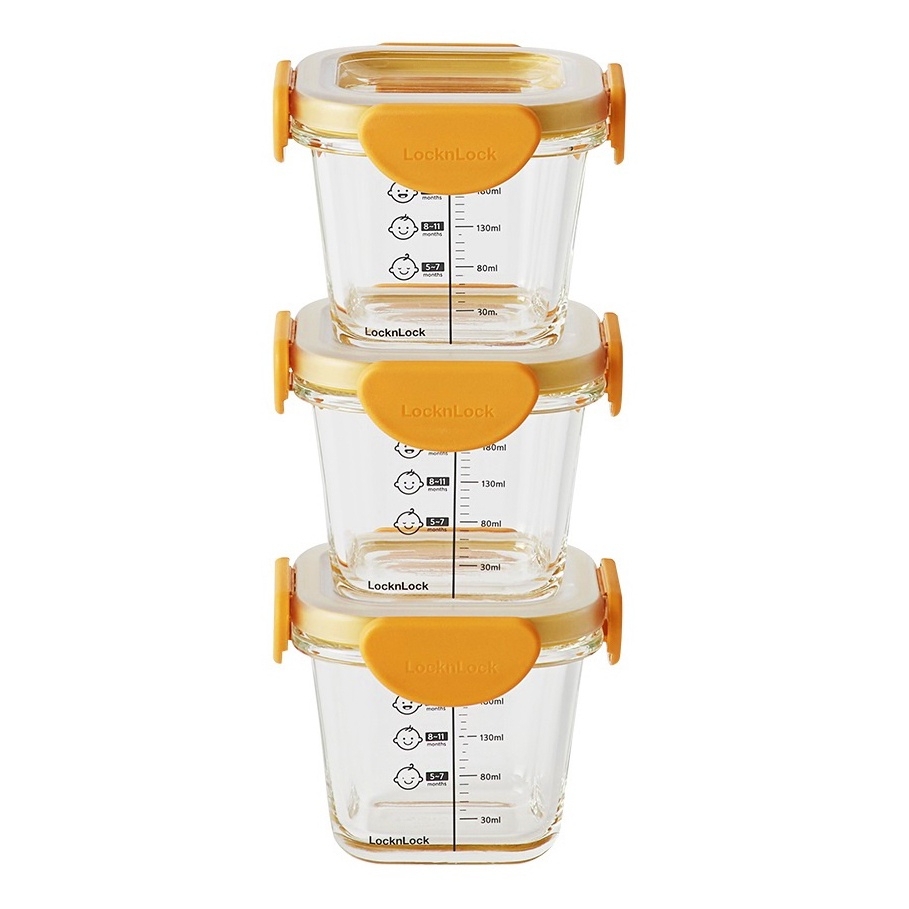 Bộ 3 hộp thủy tinh đựng thức ăn dặm cho bé Lock&Lock LLG542S3IVY - Hàng chính hãng chịu nhiệt tốt có vạch chia - JoyMall