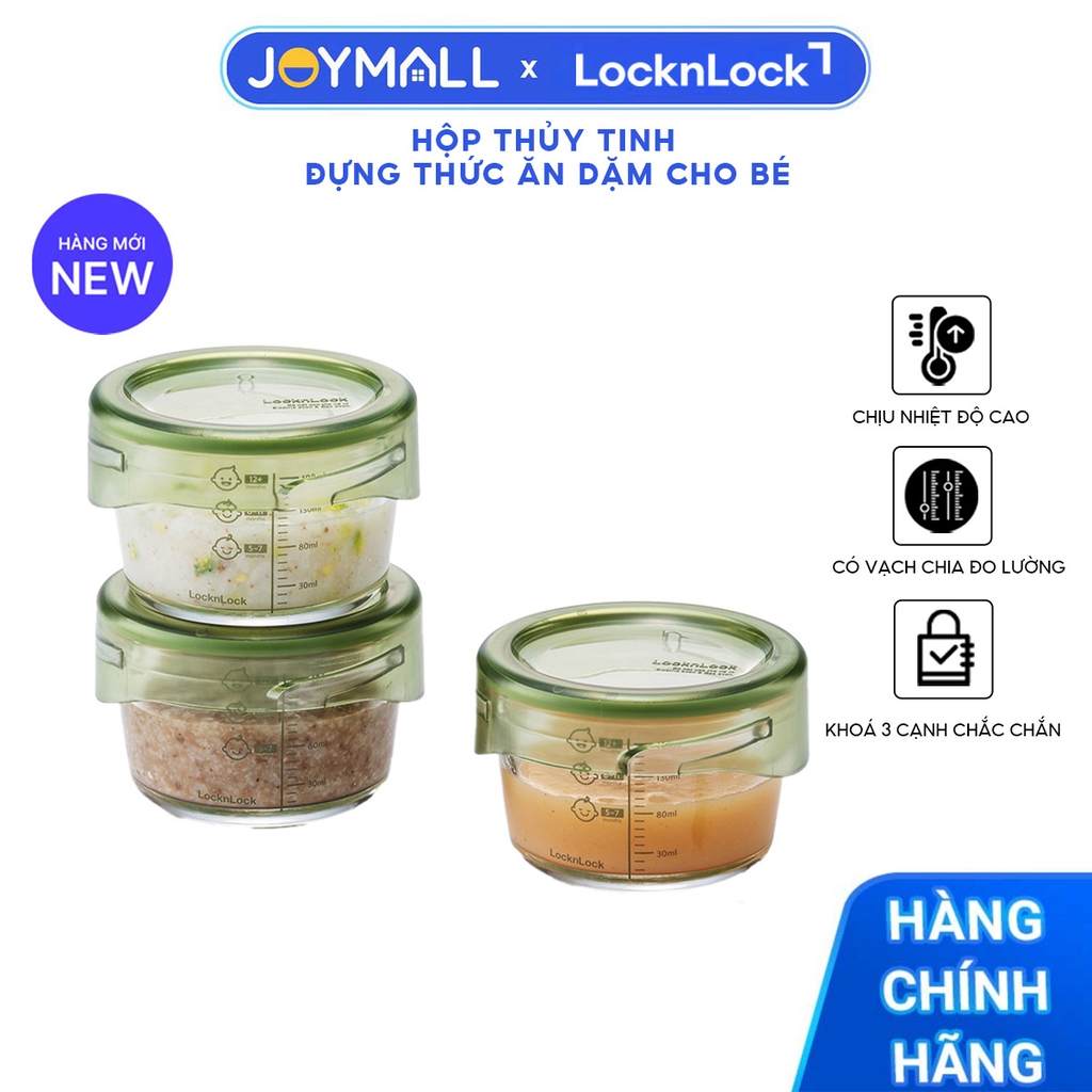 Bộ Hộp Thủy Tinh Đựng Thức Ăn Dặm Cho Bé LocknLock LLG540S3GRN, Hàng Chính Hãng, Vạch Chia - JoyMall