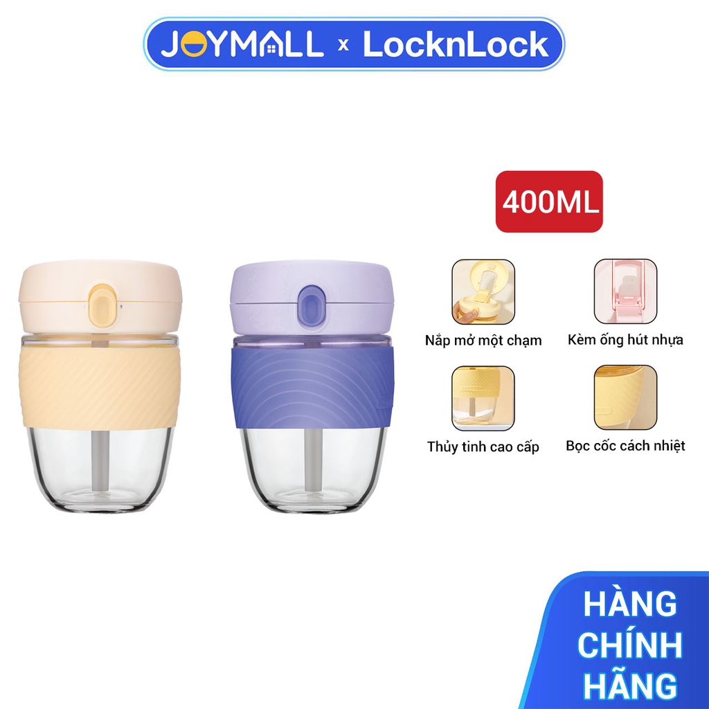 Bình nước thủy tinh bọc cách nhiệt 400ml LocknLock LLG968, Hàng chính hãng, có ống hút, mở 1 chạm - JoyMall