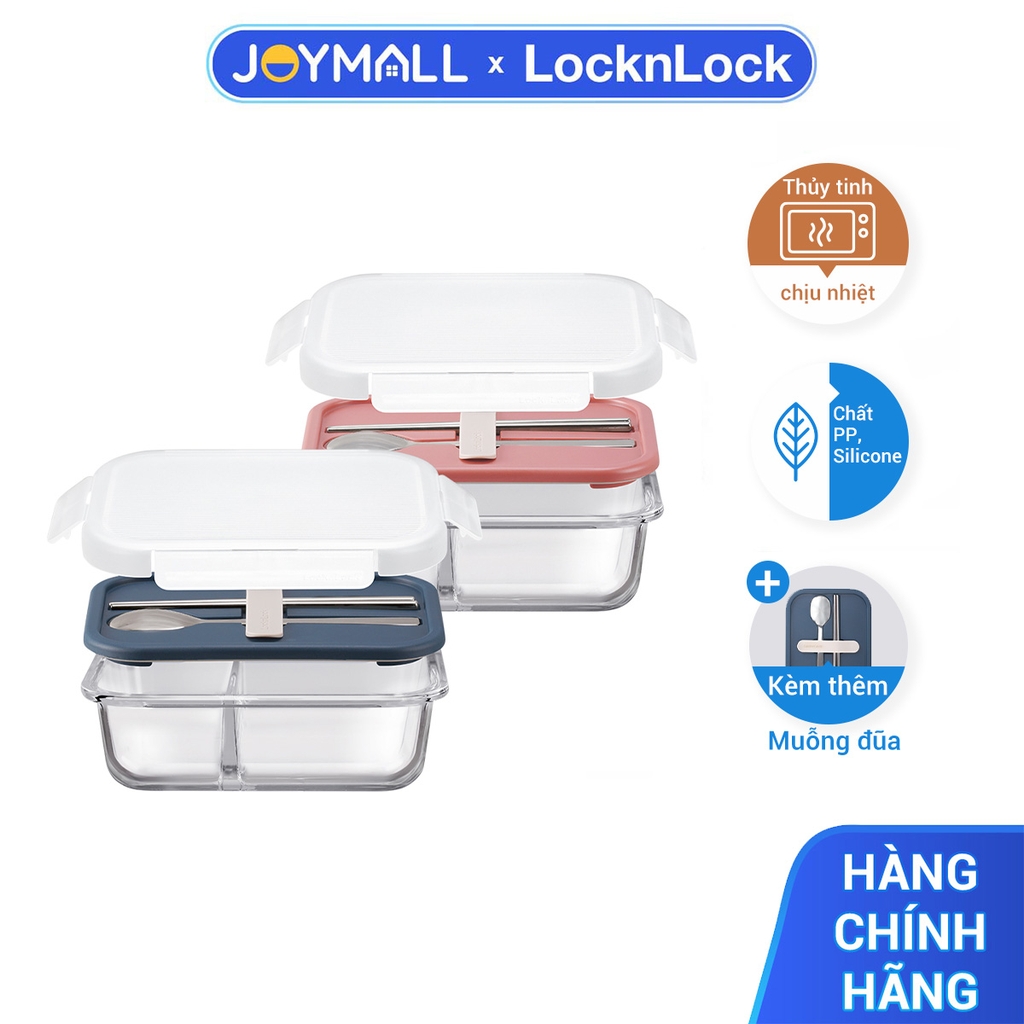Hộp cơm thủy tinh LocknLock chia ngăn kèm muỗng đũa LLG991CL 930ml - Hàng chính hãng, dùng được lò vi sóng - JoyMall