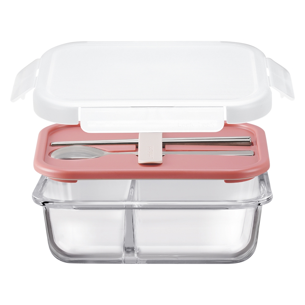 Hộp cơm thủy tinh LocknLock chia ngăn kèm muỗng đũa LLG991CL 930ml - Hàng chính hãng, dùng được lò vi sóng - JoyMall
