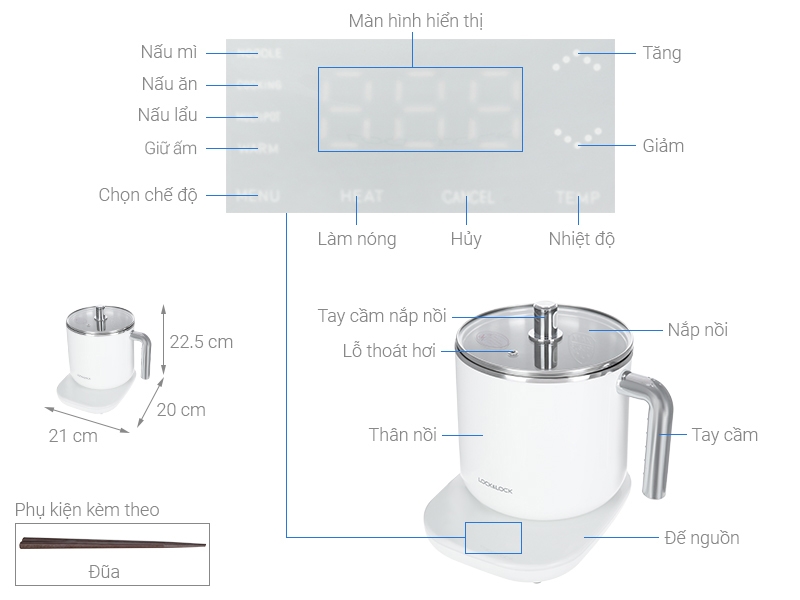 Nồi điện đa năng Lock&Lock 1,5L EJC141 - Hàng chính hãng, có thể dùng nấu lẩu, nấu mì, nấu nước, hâm nóng - JoyMall