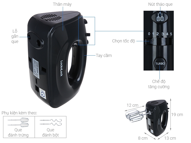 Máy đánh trứng LocknLock EJM501 300W - Hàng chính hãng, 5 tốc độ tùy chỉnh, 2 bộ que đánh linh hoạt - JoyMall