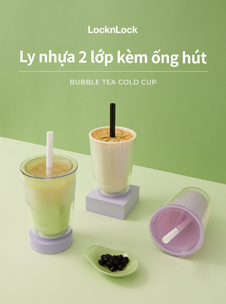 Ly nhựa 2 lớp LocknLock Bubble Tea Cold Cup HAP529 720ml, Hàng chính hãng, kèm ống hút trân châu - JoyMall