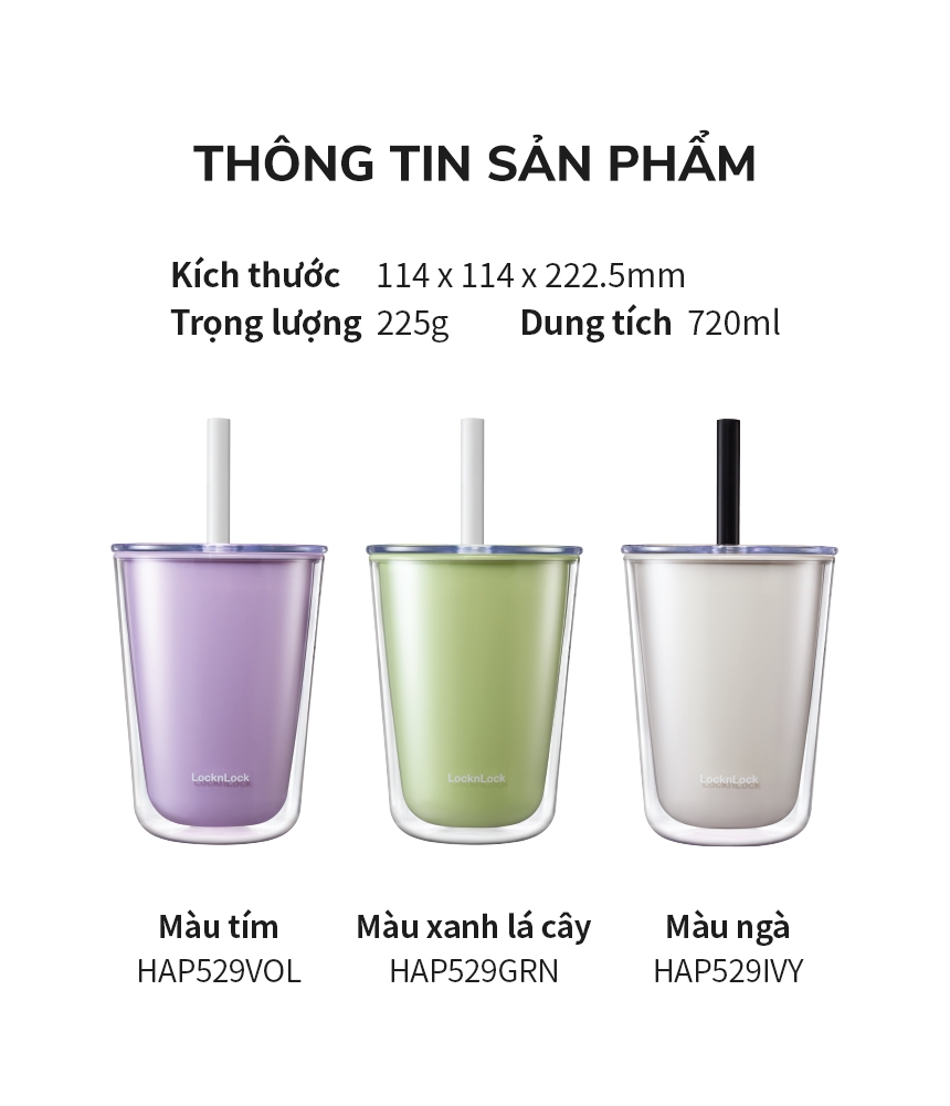 Ly nhựa 2 lớp LocknLock Bubble Tea Cold Cup HAP529 720ml, Hàng chính hãng, kèm ống hút trân châu - JoyMall