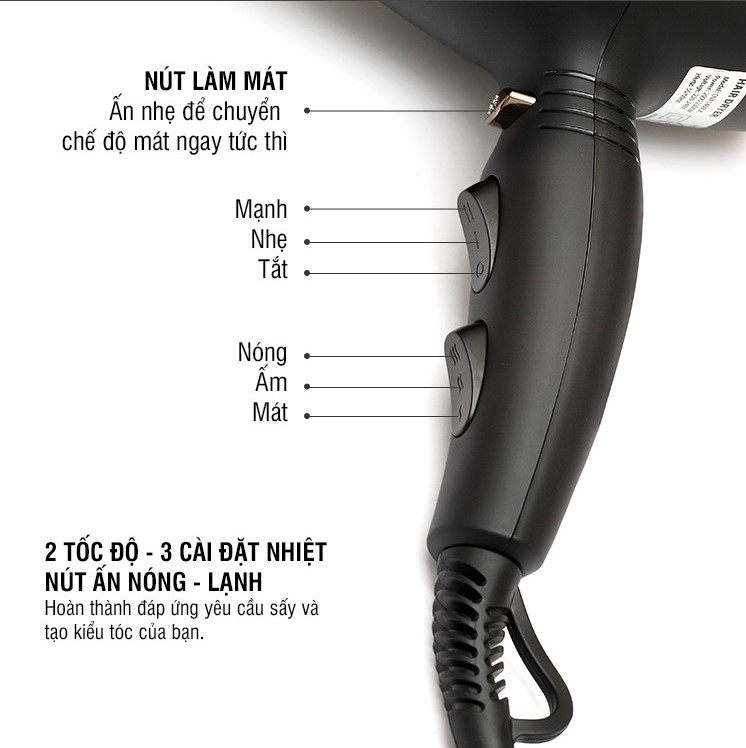 Máy sấy tóc Lock&Lock ENA146BLK - Hàng chính hãng, chế độ nóng lạnh, kèm đầu dẹp tạo kiểu - JoyMall