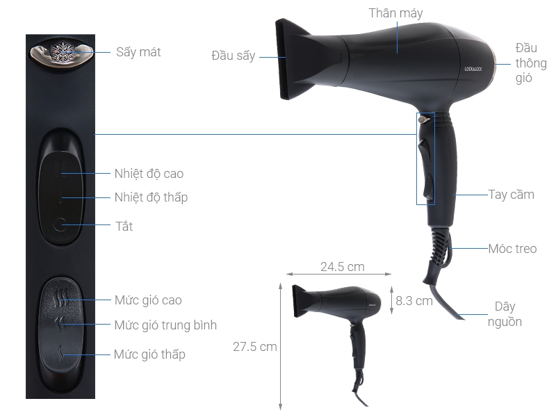 Máy sấy tóc Lock&Lock ENA146BLK - Hàng chính hãng, chế độ nóng lạnh, kèm đầu dẹp tạo kiểu - JoyMall