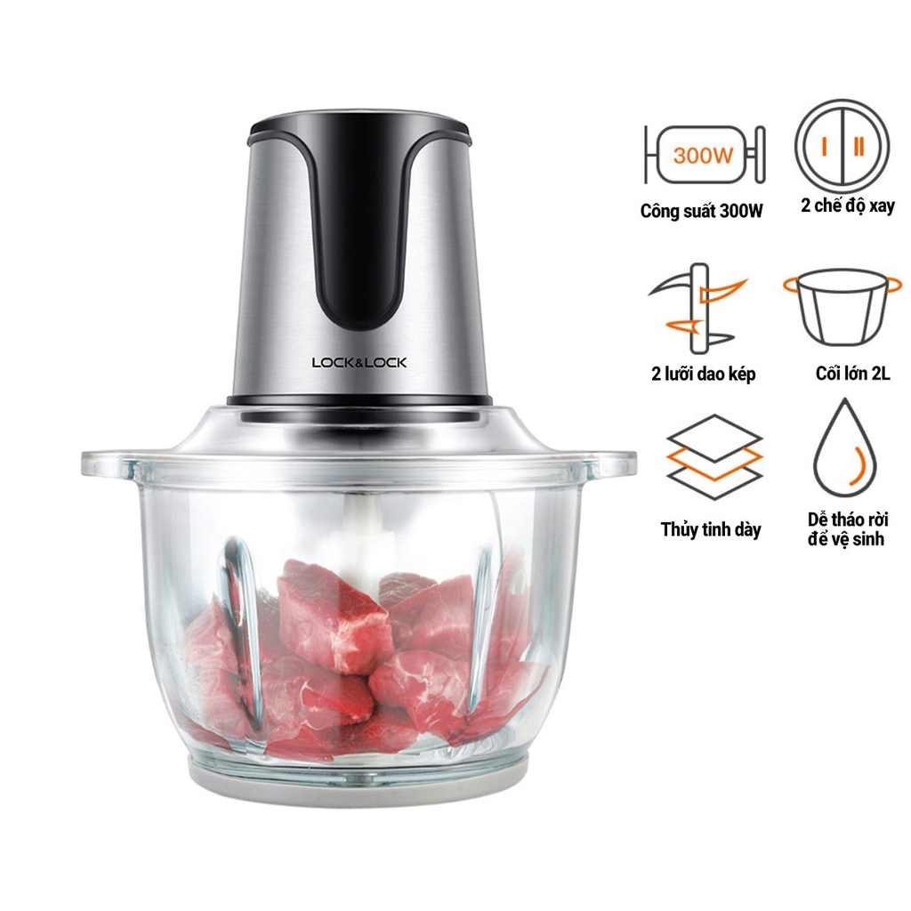 Máy xay thịt Lock&Lock EJM171 2 lít - Hàng chính hãng, 4 lưỡi dao, cối thủy tinh cao cấp, 2 cấp độ xay - JoyMall