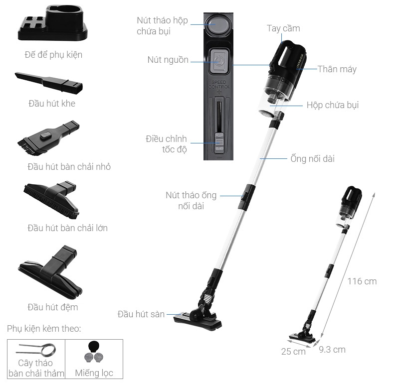 Máy hút bụi Lock&Lock cầm tay ENV336BLK 400w - Hàng chính hãng có dây, lực hút mạnh, đa dạng đầu hút, gọn nhẹ - JoyMall