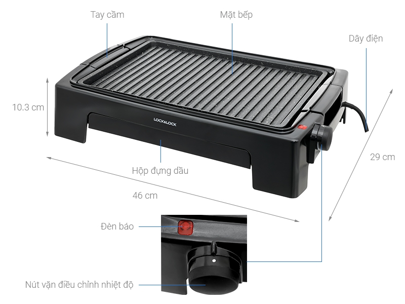 Bếp nướng điện Lock&Lock EJG221 1300W - Hàng chính hãng, mặt bếp đá chống dính, 5 mức nhiệt tùy chỉnh - JoyMall