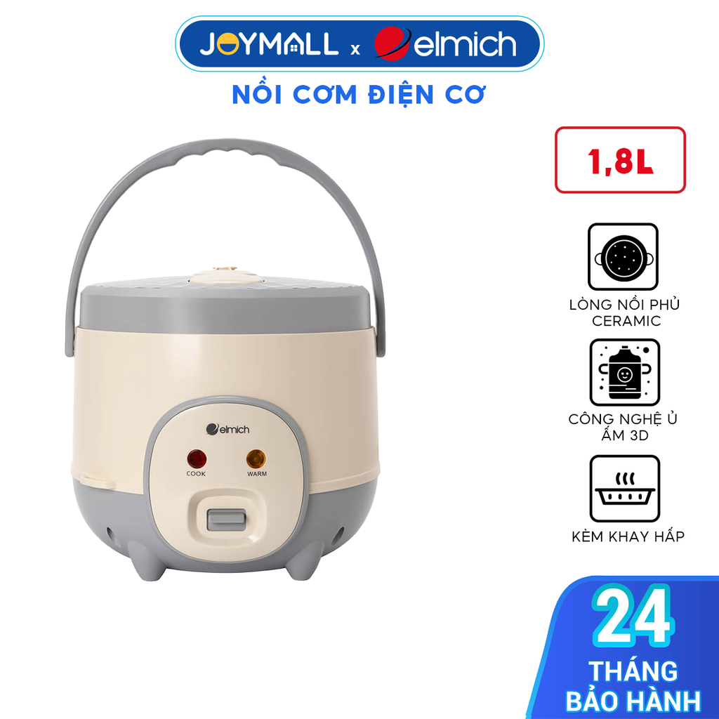 Nồi cơm điện cơ Elmich RCE-9128 1.8L, Hàng chính hãng, công nghệ ủ ấm 3D, khay hấp đi kèm - JoyMall