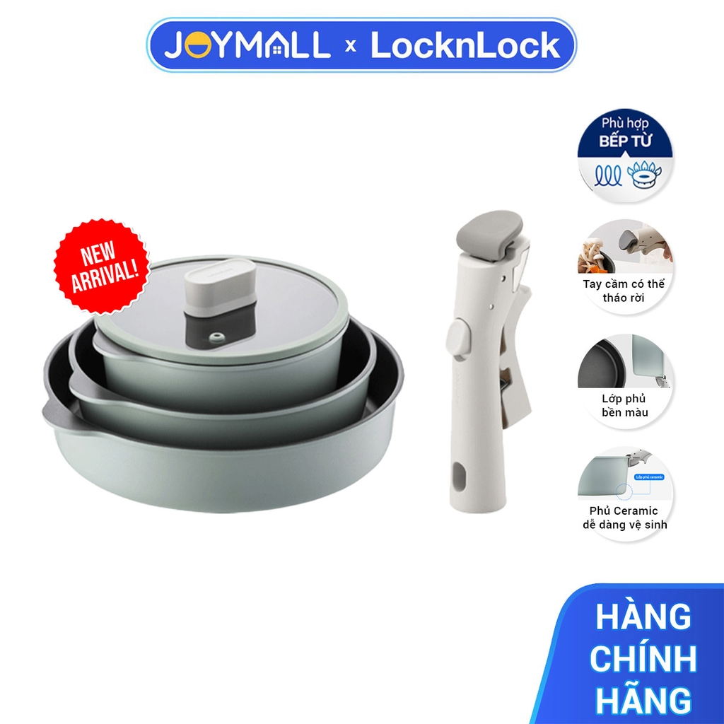 Bộ nồi chảo chống dính Suit LocknLock Detachable SDE1181IHS01, Hàng chính hãng, Tay cầm có thể tháo lắp, Phủ sứ -JoyMall