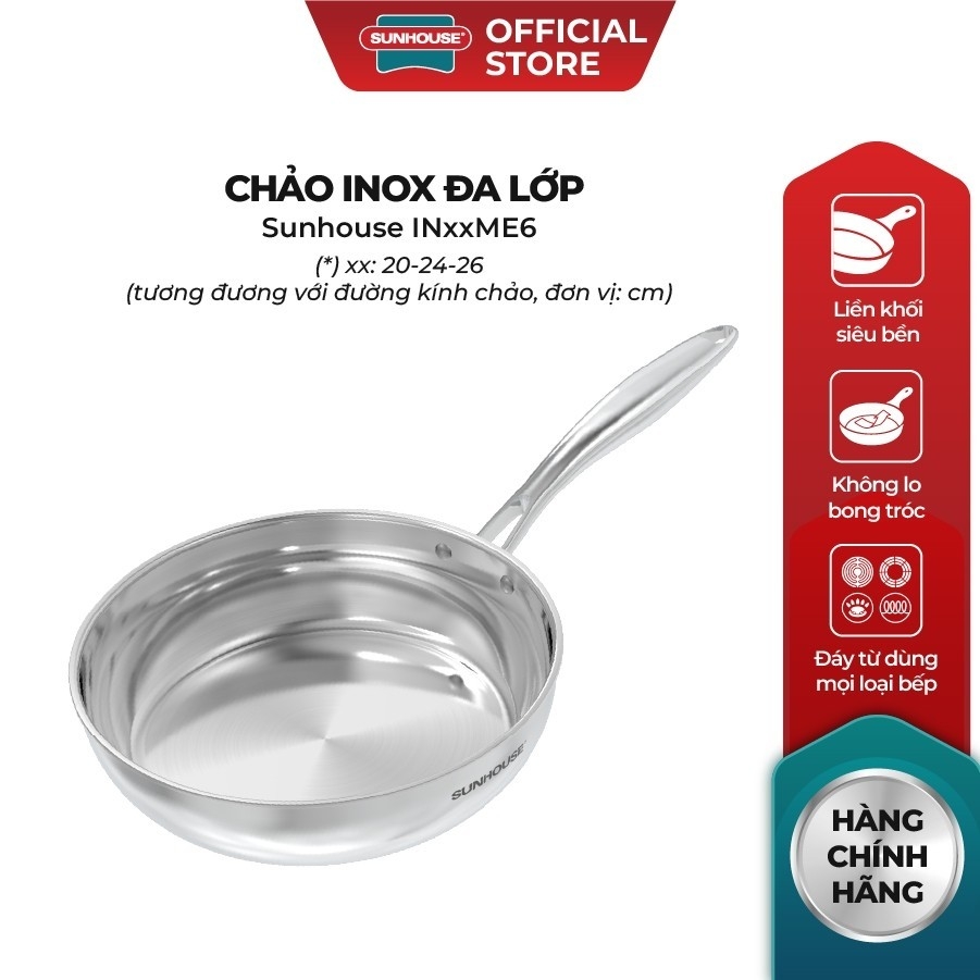 Chảo Inox Đa Lớp Sunhouse IN20M6E - IN24M6E - IN26M6E, Hàng Chính Hãng - JoyMall