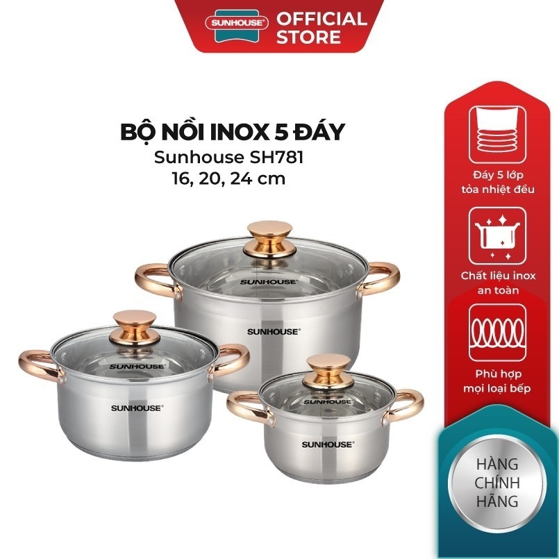 Bộ 3 nồi Inox 5 Đáy Sunhouse SH781 16cm-20cm-24cm, Hàng Chính Hãng, Đáy Từ Dùng Mọi Bếp - JoyMall