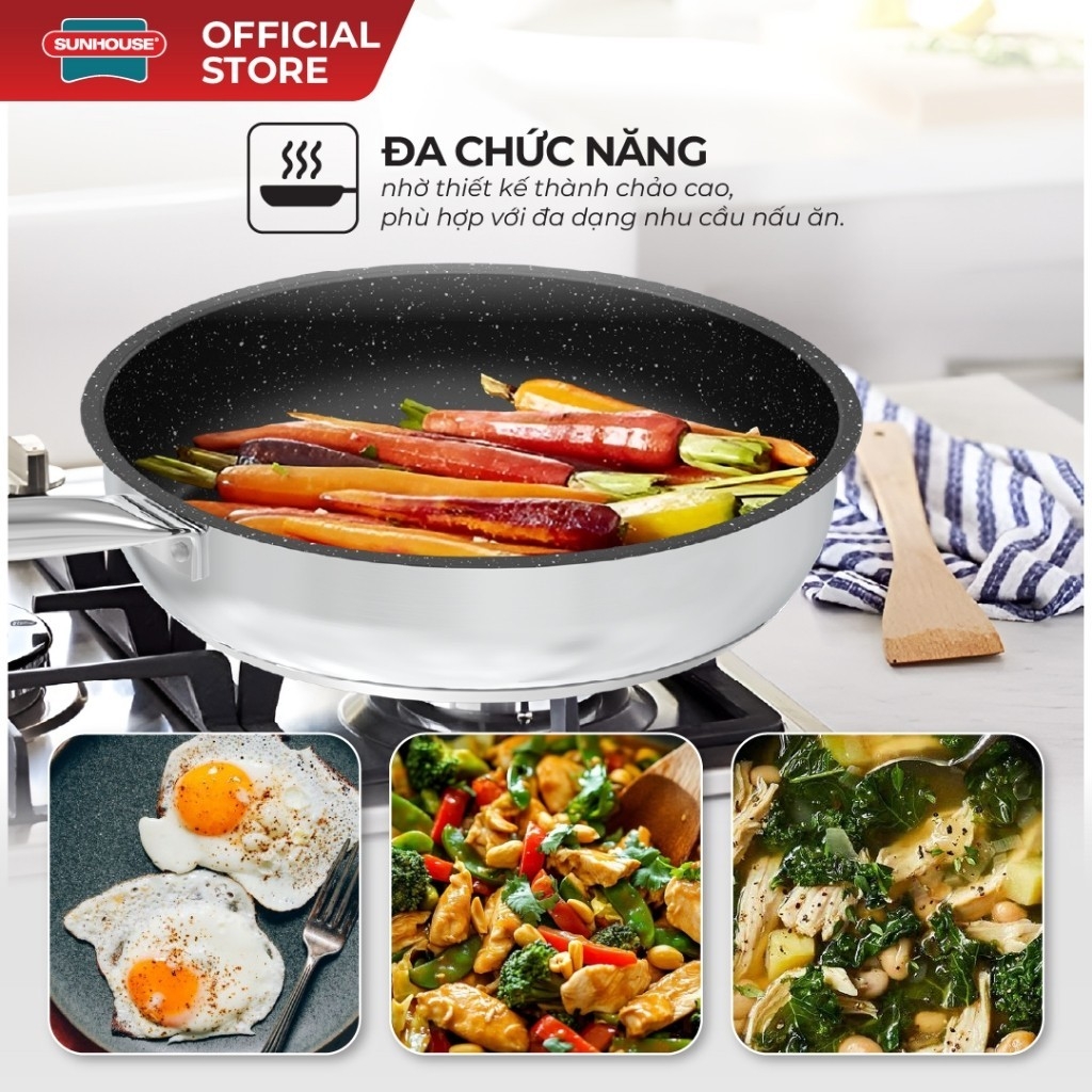 Chảo Inox Impact Sunhouse ECO Nhiều Size IN20 - 24 - 26M5, Hàng Chính Hãng, Dùng Được Trên Mọi Loại Bếp - JoyMall