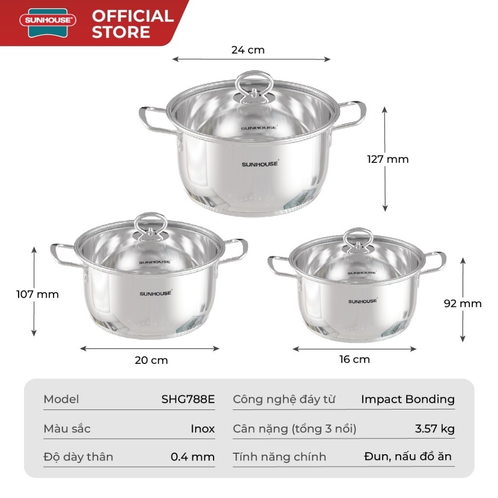 Bộ Nồi Inox Impact 5 Đáy Sunhouse Healthy SHG788E 3 Nồi 16, 20, 24cm, Hàng Chính Hãng, Dùng Mọi Loại Bếp - JoyMall