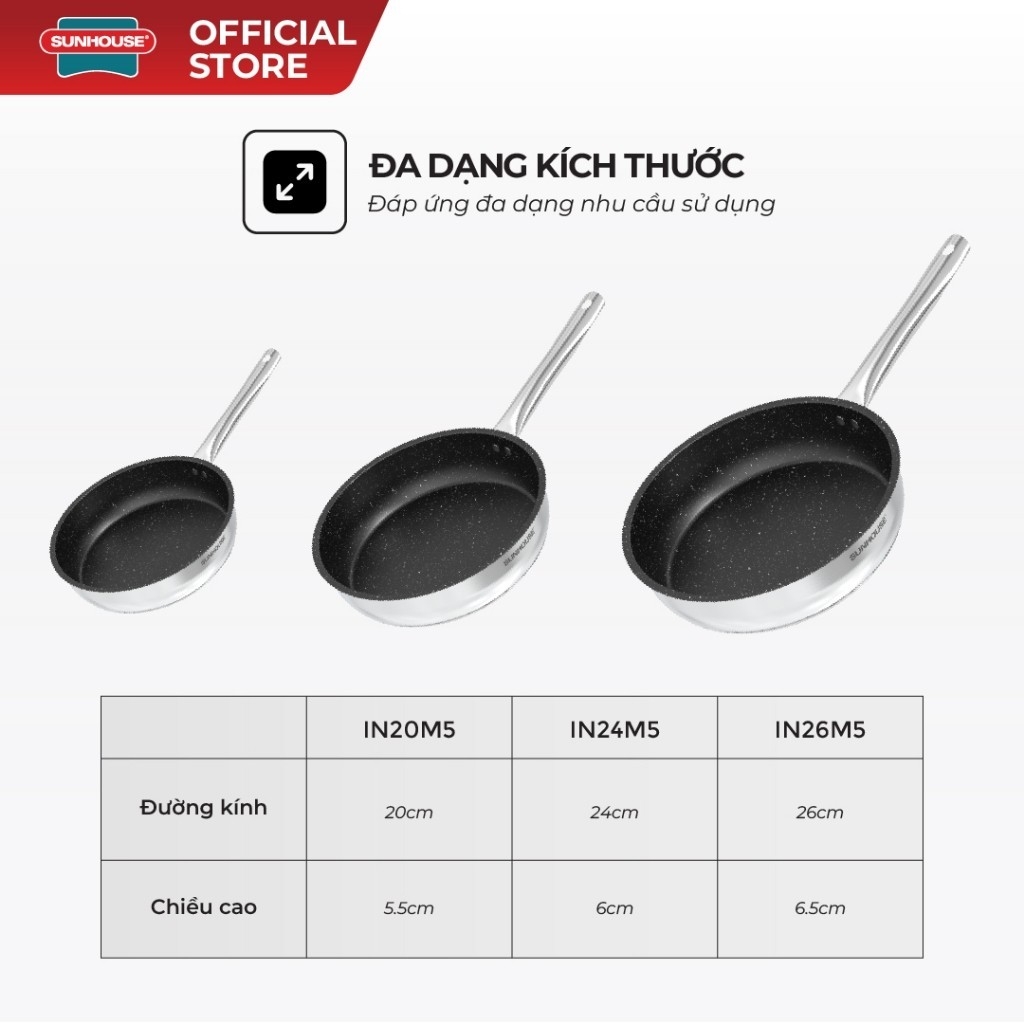 Chảo Inox Impact Sunhouse ECO Nhiều Size IN20 - 24 - 26M5, Hàng Chính Hãng, Dùng Được Trên Mọi Loại Bếp - JoyMall