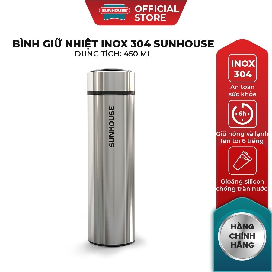 Bình Giữ Nhiệt Sunhouse KS-TU450I 450ml, Hàng Chính Hãng, Inox 304, Chống Tràn -JoyMall