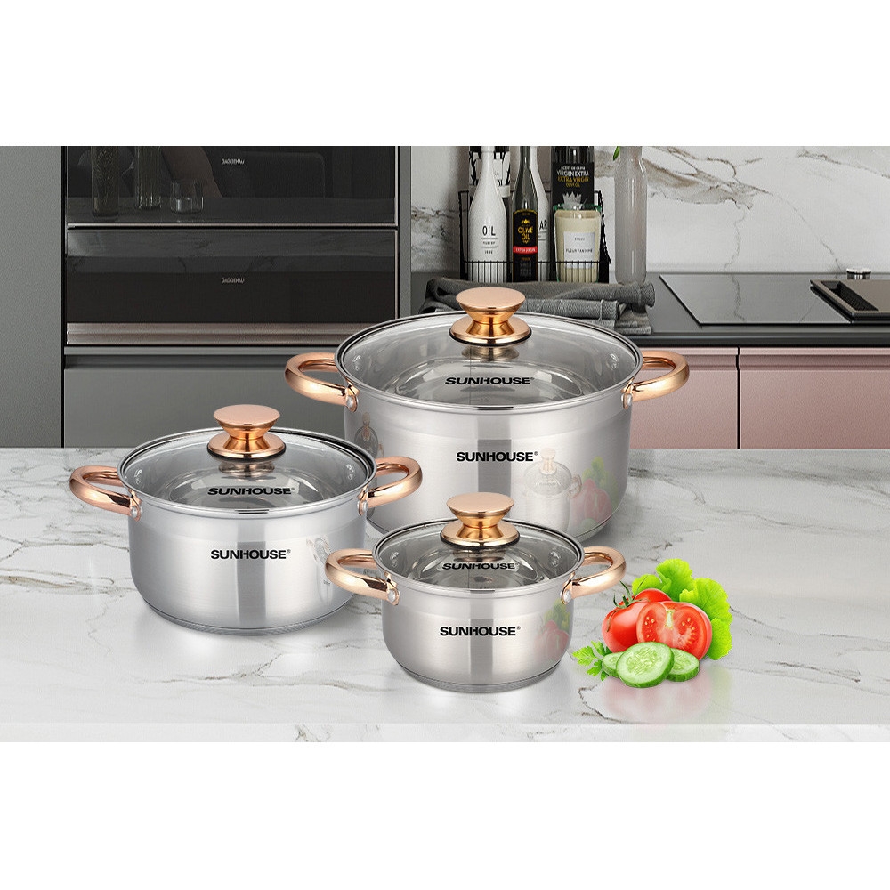 Bộ 3 nồi Inox 5 Đáy Sunhouse SH781 16cm-20cm-24cm, Hàng Chính Hãng, Đáy Từ Dùng Mọi Bếp - JoyMall