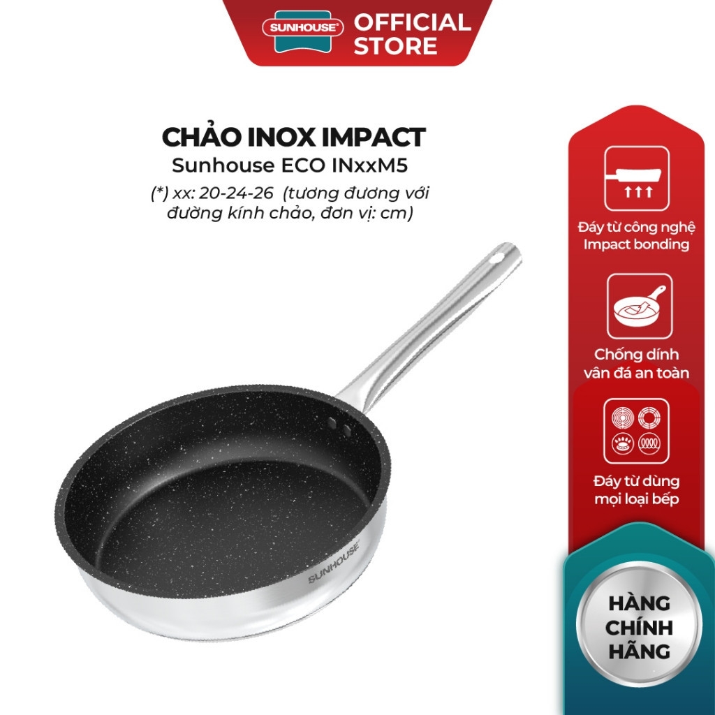 Chảo Inox Impact Sunhouse ECO Nhiều Size IN20 - 24 - 26M5, Hàng Chính Hãng, Dùng Được Trên Mọi Loại Bếp - JoyMall