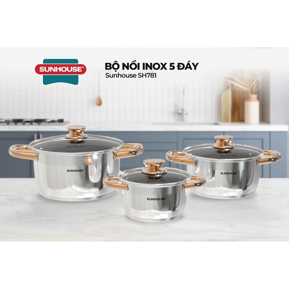 Bộ 3 nồi Inox 5 Đáy Sunhouse SH781 16cm-20cm-24cm, Hàng Chính Hãng, Đáy Từ Dùng Mọi Bếp - JoyMall