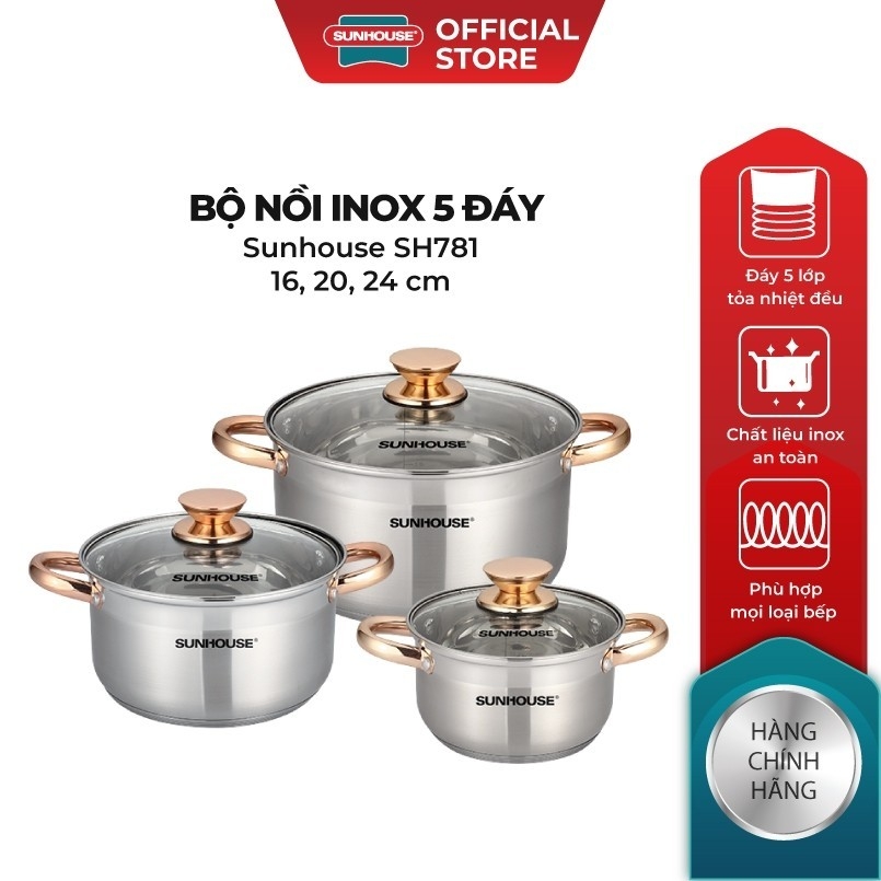 Bộ 3 nồi Inox 5 Đáy Sunhouse SH781 16cm-20cm-24cm, Hàng Chính Hãng, Đáy Từ Dùng Mọi Bếp - JoyMall