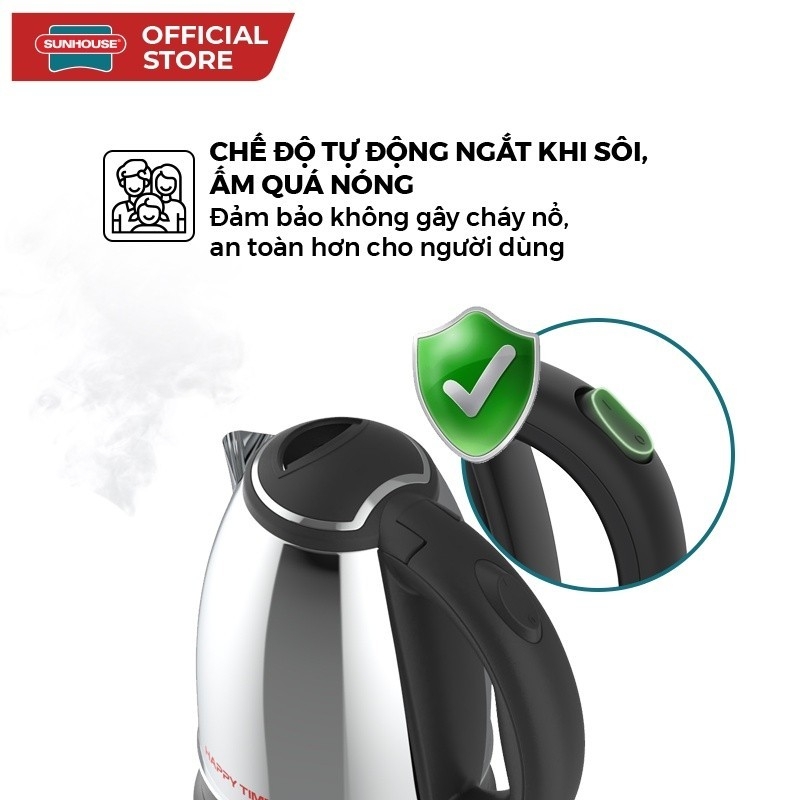 Ấm Đun Siêu Tốc Sunhouse Happy Time HTD1055 1.5L, Hàng Chính Hãng, Tay Cầm Chống Nóng - JoyMall