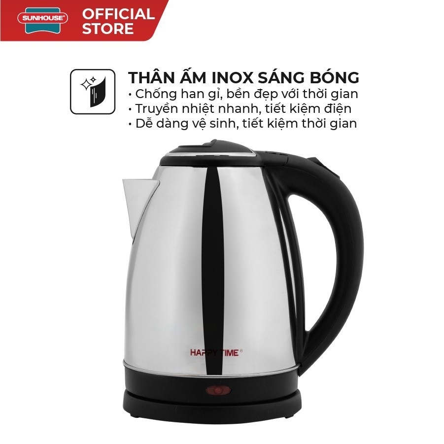 Ấm Đun Siêu Tốc Inox Sunhouse Happy Time HTD1081 1.8L, Hàng Chính Hãng, Bảo Hành 12 Tháng -JoyMall