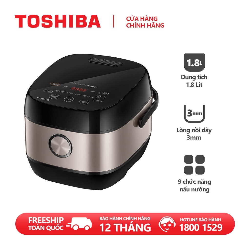Nồi cơm cao tần Toshiba RC-18IX1PV - 1.8L-Lòng nồi dày 3mm chống dính-Cảm ứng nhiệt 3D-Hàng chính hãng bảo hành 12 tháng