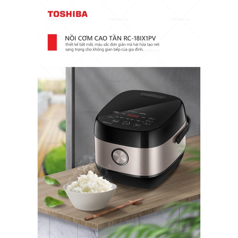 Nồi cơm cao tần Toshiba RC-18IX1PV - 1.8L-Lòng nồi dày 3mm chống dính-Cảm ứng nhiệt 3D-Hàng chính hãng bảo hành 12 tháng