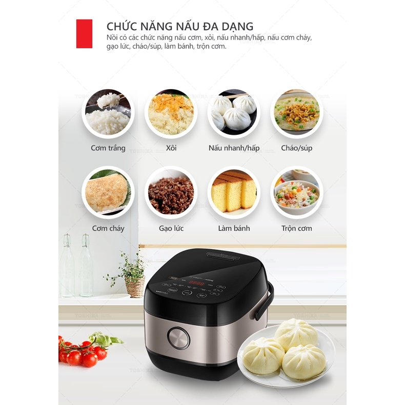 Nồi cơm cao tần Toshiba RC-18IX1PV - 1.8L-Lòng nồi dày 3mm chống dính-Cảm ứng nhiệt 3D-Hàng chính hãng bảo hành 12 tháng