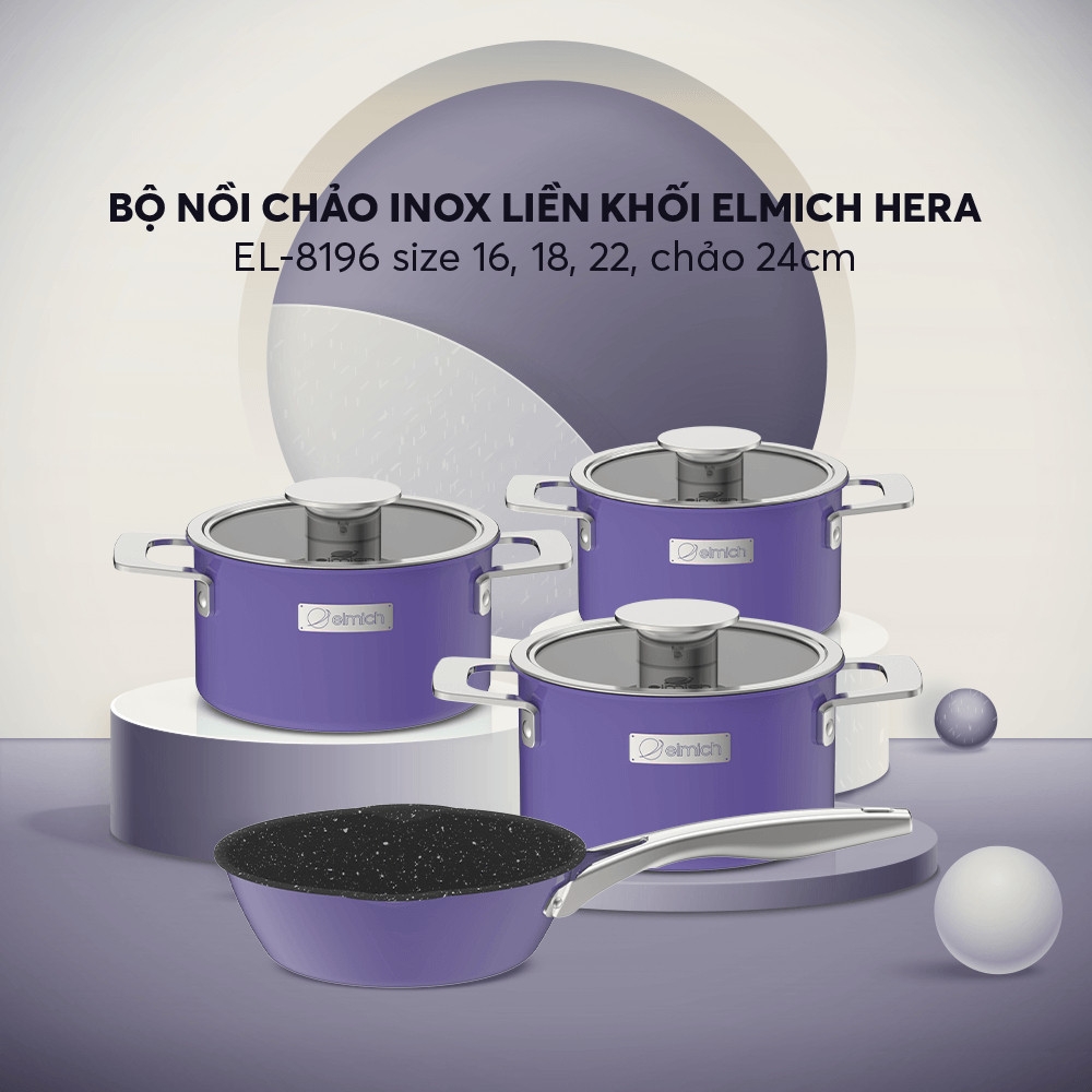 Bộ nồi Inox liền khối Elmich Hera EL-8199, EL-8198, EL-9196 16,18,22cm, chảo inox 20, 24, 26cm, Hàng chính hãng- JoyMall
