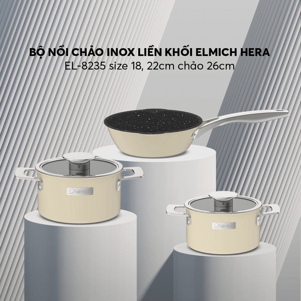 Bộ nồi Inox liền khối Elmich Hera EL-8235 EL-8195 size 18, 22cm và chảo 26cm, Hàng chính hãng, tay cầm inox - JoyMall