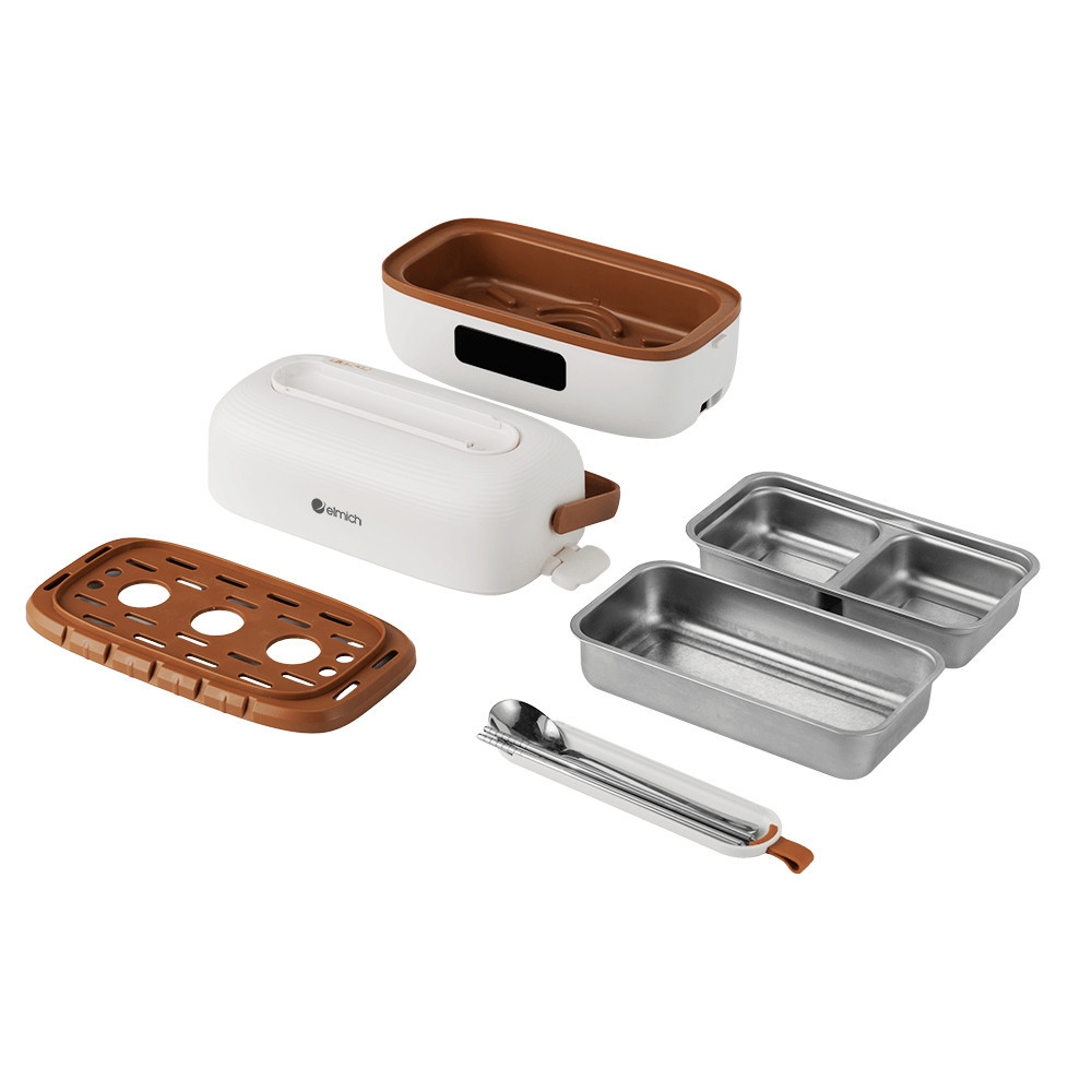 Hộp cơm cắm điện Elmich 1.2L ELE-8514, Hàng chính hãng, 2 tầng 3 ngăn, ngăn riêng đựng muỗng đũa - JoyMall