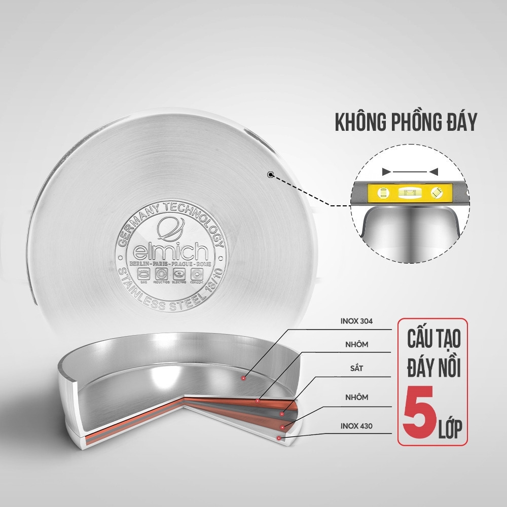 Nồi 5 đáy Inox 304 Elmich Berlin EL-3984 20cm, EL-3983 18cm, Hàng chính hãng, dùng được cho mọi loại bếp - JoyMall