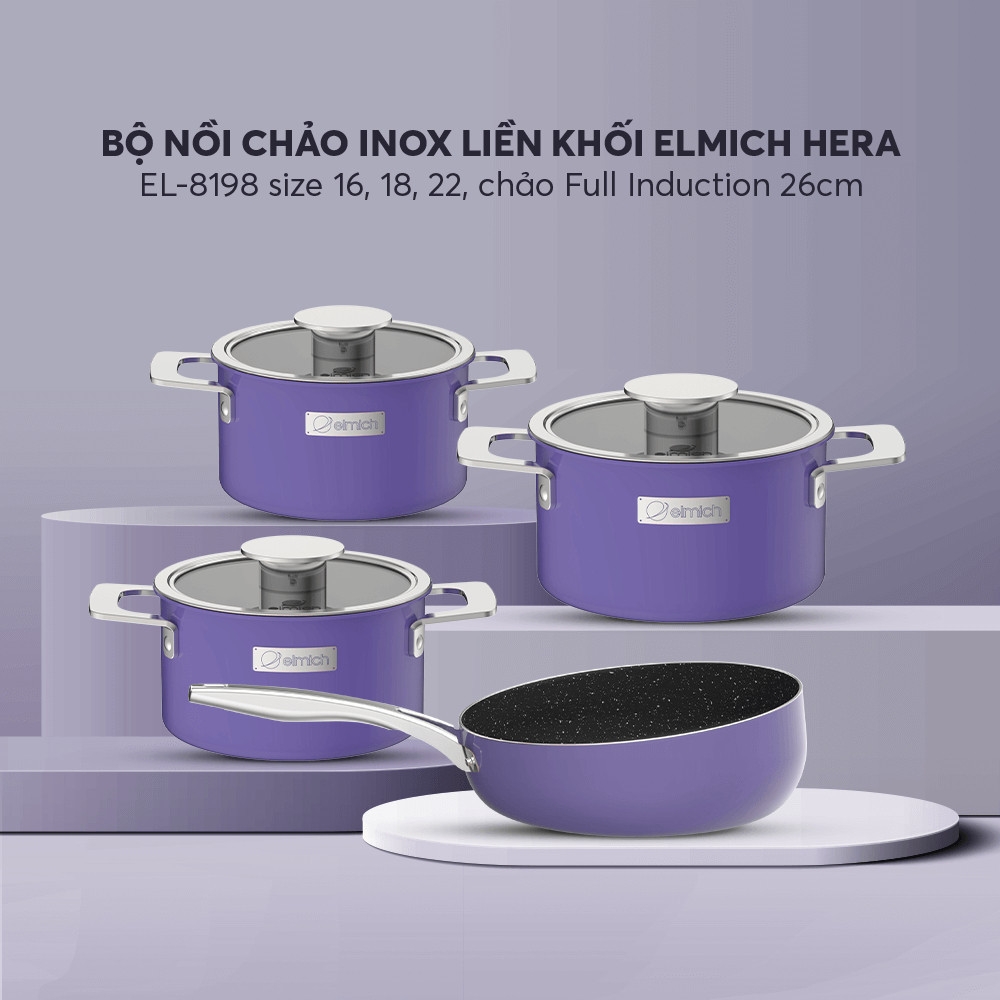 Bộ nồi Inox liền khối Elmich Hera EL-8199, EL-8198, EL-9196 16,18,22cm, chảo inox 20, 24, 26cm, Hàng chính hãng- JoyMall