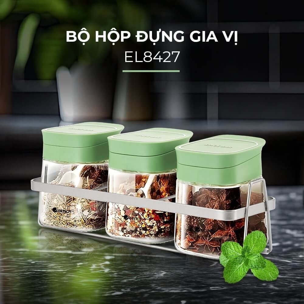 Bộ 3 hộp đựng gia vị thuỷ tinh Elmich EL8427, Hàng chính hãng, giá đỡ inox 304, kèm muỗng - JoyMall