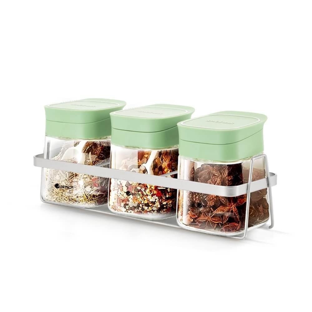 Bộ 3 hộp đựng gia vị thuỷ tinh Elmich EL8427, Hàng chính hãng, giá đỡ inox 304, kèm muỗng - JoyMall