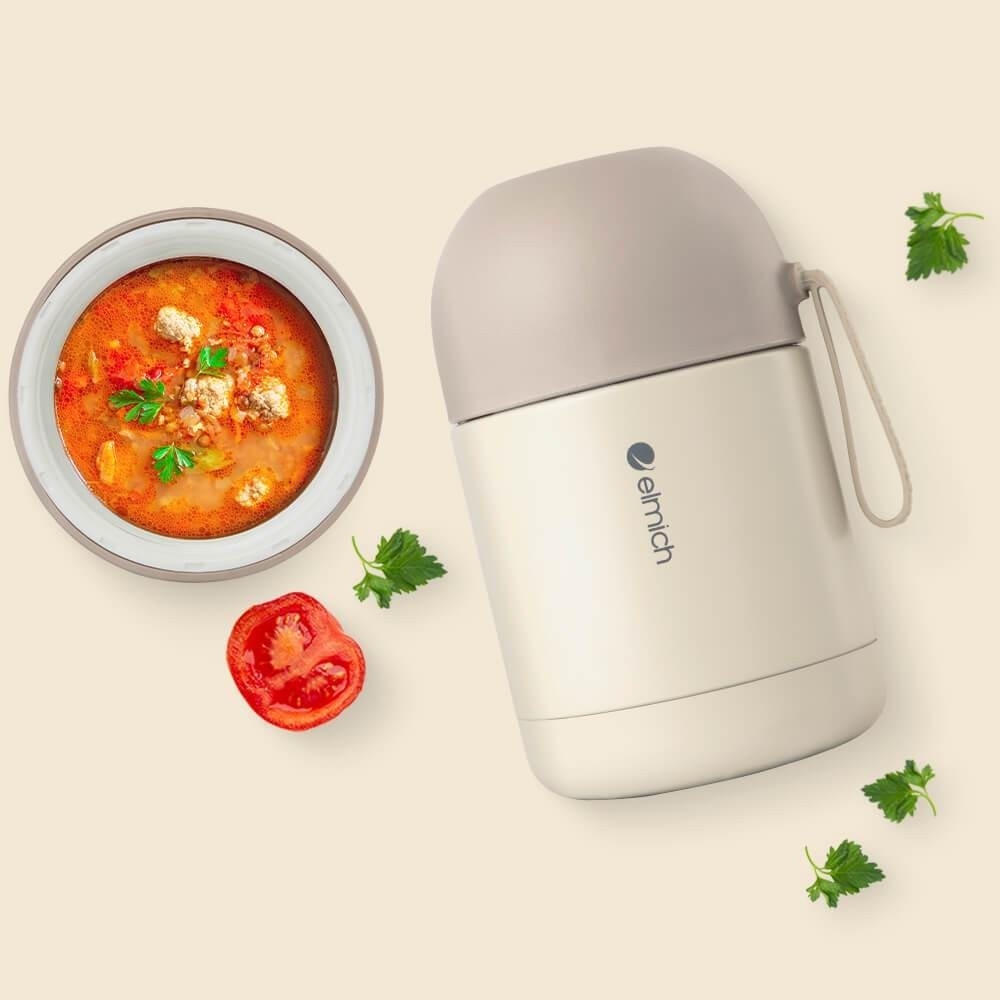 Bình đựng thức ăn giữ nhiệt inox 304 Elmich EL8301 450ml,Hàng chính hãng, nắp phụ đi kèm thìa, dây xách silicone JoyMall