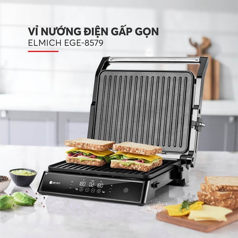 Vỉ nướng điện gấp gọn Elmich EGE-8579, Hàng chính hãng, 2 bề mặt nướng phủ chống dính, điều chỉnh nhiệt độ - JoyMall