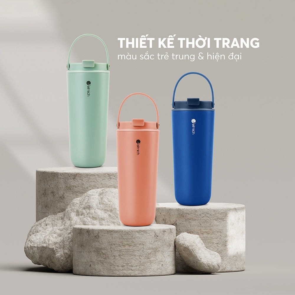 Bình giữ nhiệt inox 304 Elmich EL8312 600ml, Hàng chính hãng, nắp tích hợp quai xách, đế silicone chống trượt - JoyMall