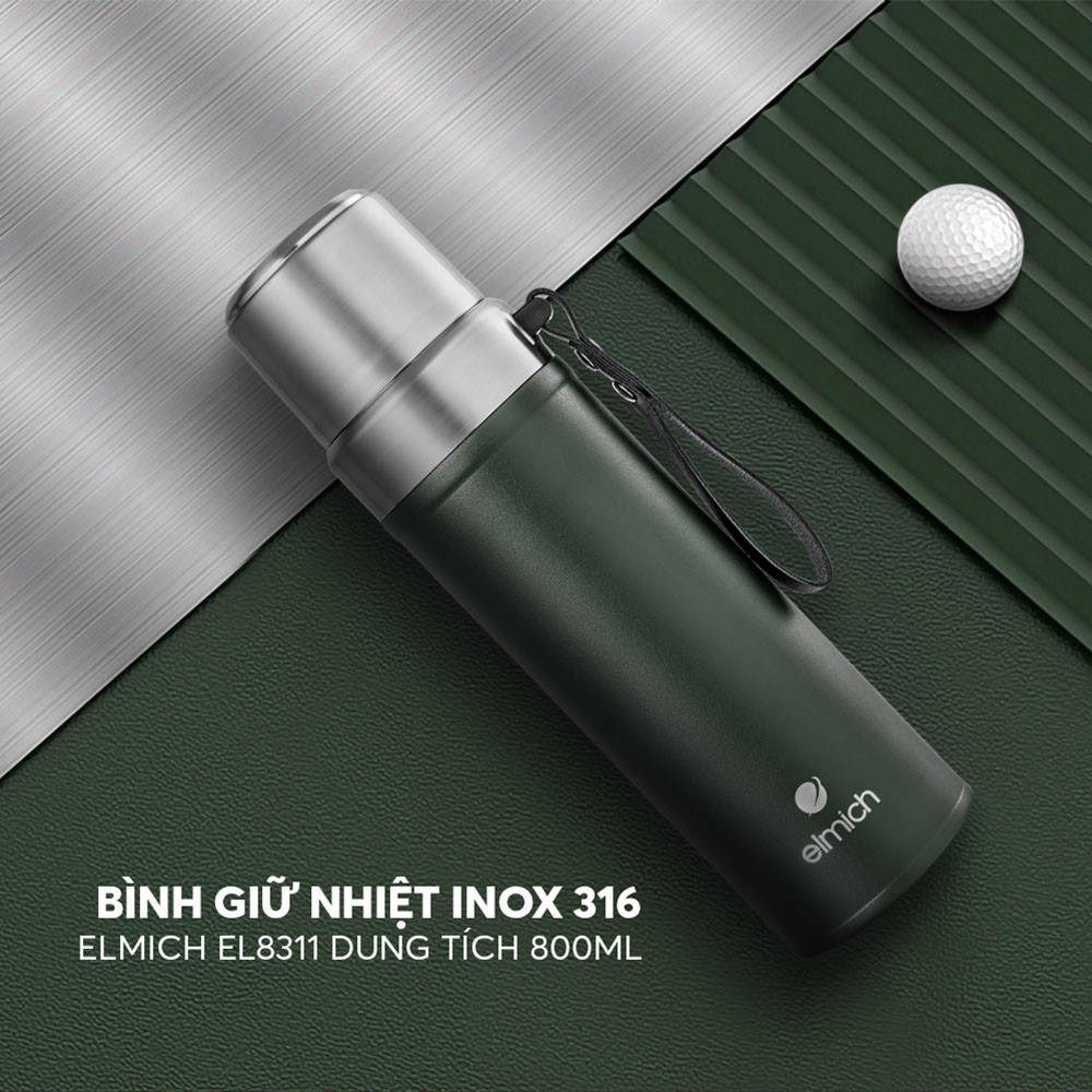 Bình giữ nhiệt inox 316 Elmich EL8311 800ml, Hàng chính hãng, thiết kế 2 nắp, miệng bình rộng, giữ nóng lạnh - JoyMall