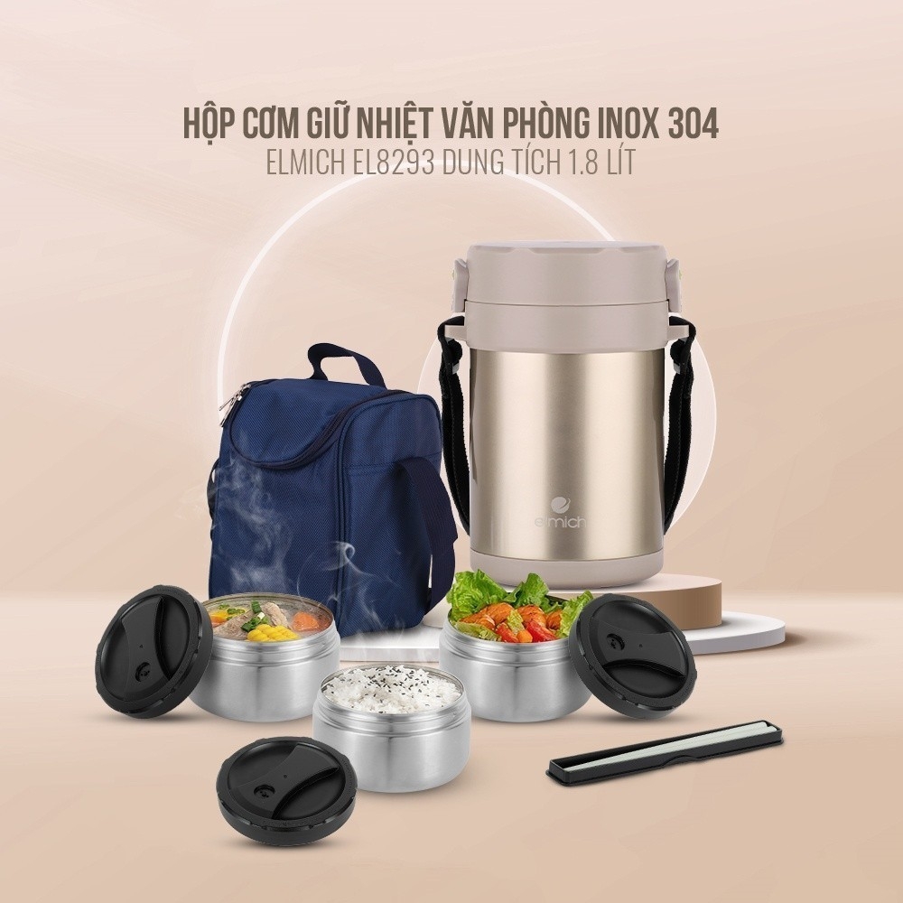 Hộp cơm giữ nhiệt văn phòng Inox 304 Elmich EL8293 dung tích 1.8L, Hàng chính hãng, kèm muỗng đũa và túi đựng - JoyMall